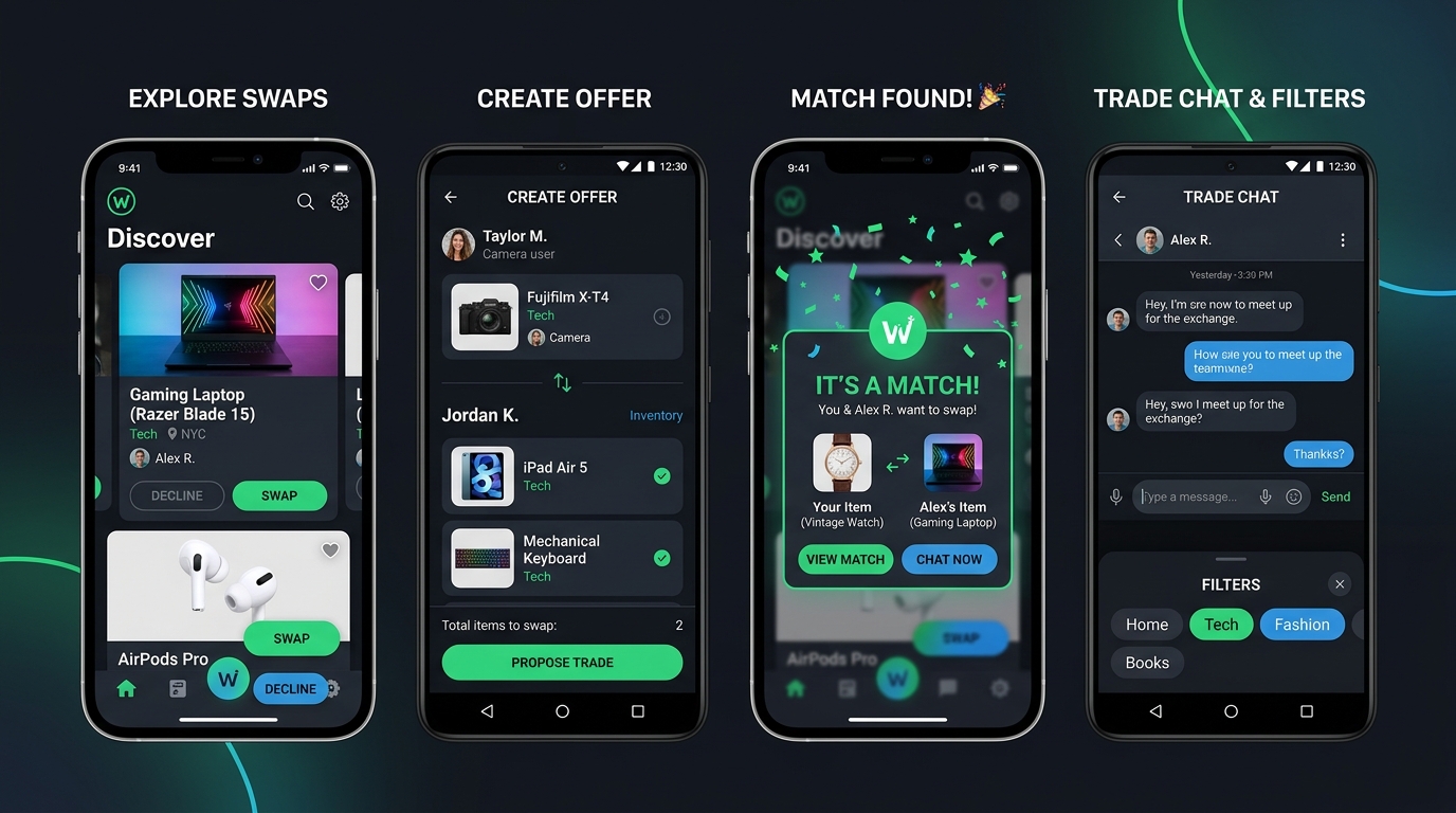 Lwach Item Swap Mobile App UI Mockups